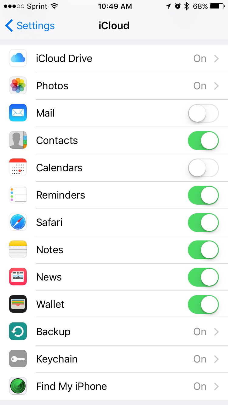 iCloud settings on iPhone 