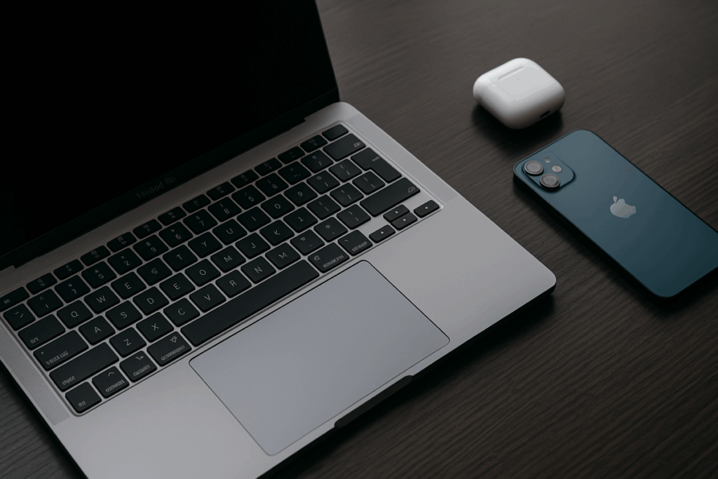 Apple workspace with a MacBook, iPhone, and iPad on a desk, overlaid with a digital network shield representing cybersecurity protection for Mac-based businesses.