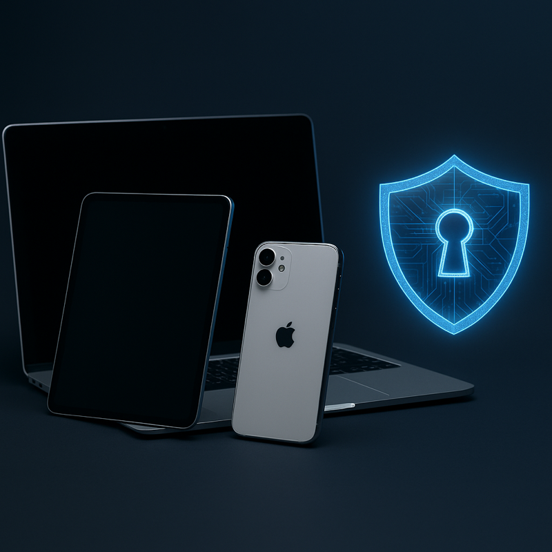 Abstract digital illustration showing data security monitoring and network connections, symbolizing BlackPoint Cyber’s 24/7 managed detection and response for Apple devices.