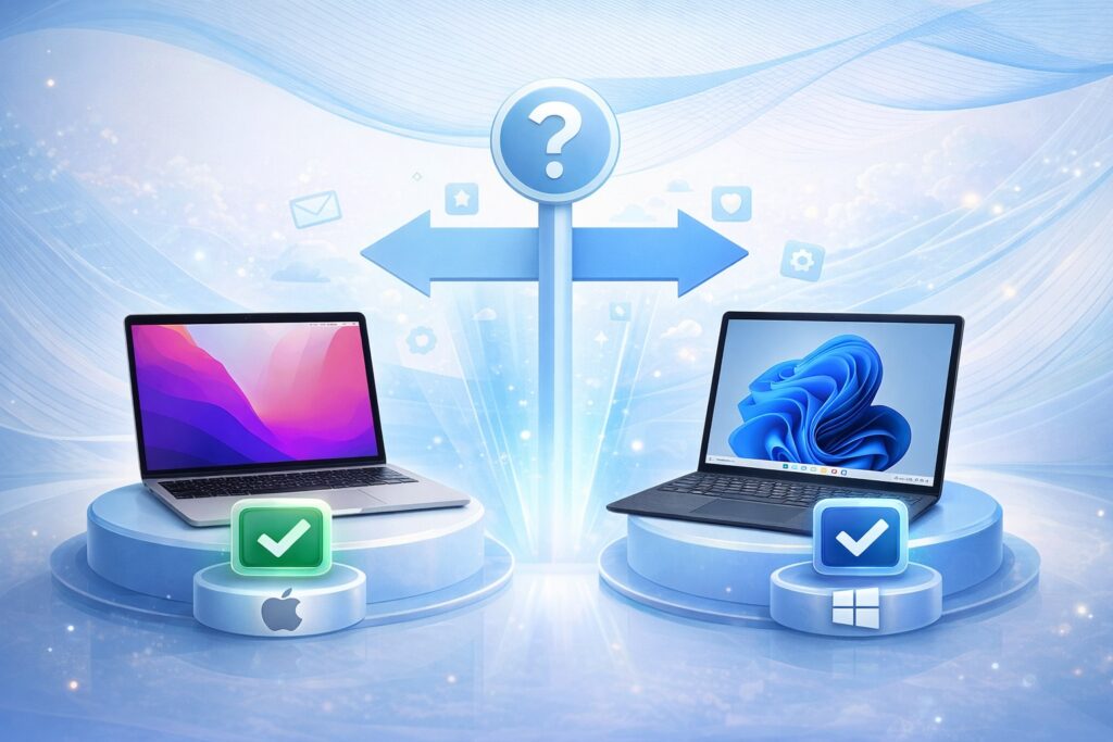 Mac and Windows laptops shown as equal choices, illustrating device choice as an enterprise IT strategy.